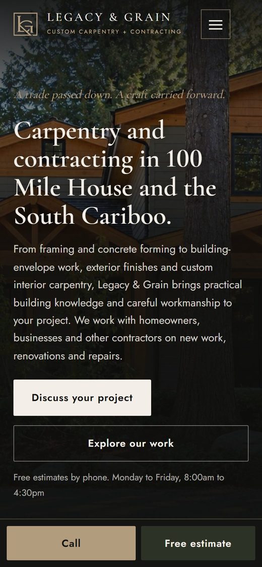 Legacy & Grain website on a phone